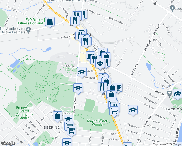 map of restaurants, bars, coffee shops, grocery stores, and more near 16 Waverly Street in Portland