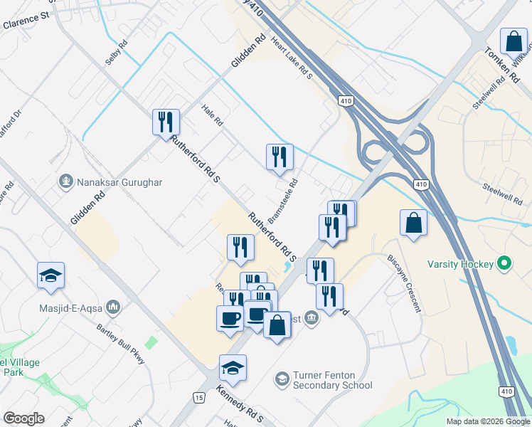 map of restaurants, bars, coffee shops, grocery stores, and more near 6 Bramsteele Road in Brampton