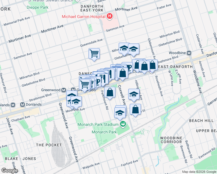 map of restaurants, bars, coffee shops, grocery stores, and more near 1521 Danforth Avenue in Toronto