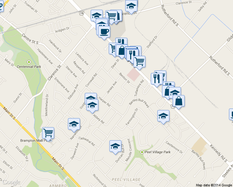 map of restaurants, bars, coffee shops, grocery stores, and more near 18 Chesterfield Road in Brampton
