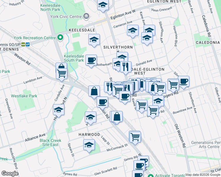 map of restaurants, bars, coffee shops, grocery stores, and more near 20 Bicknell Avenue in Toronto