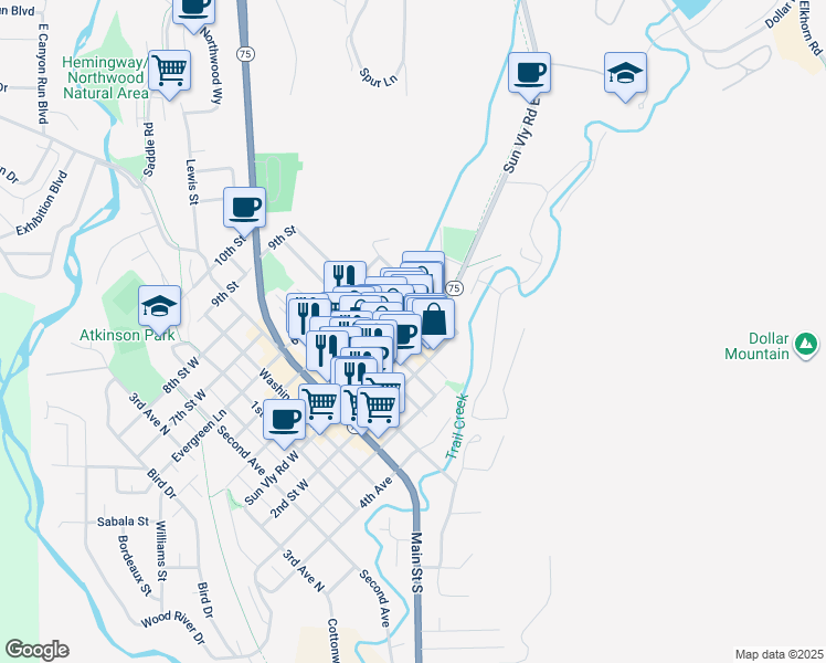 map of restaurants, bars, coffee shops, grocery stores, and more near 611 Sun Valley Road in Sun Valley