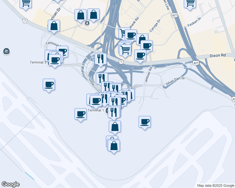 map of restaurants, bars, coffee shops, grocery stores, and more near 5990 Airport Road in Mississauga