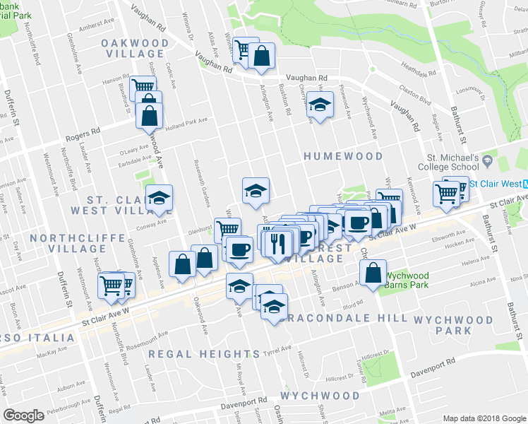 map of restaurants, bars, coffee shops, grocery stores, and more near 47 Atlas Avenue in Toronto
