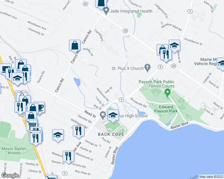 map of restaurants, bars, coffee shops, grocery stores, and more near 29 Hall Street in Portland