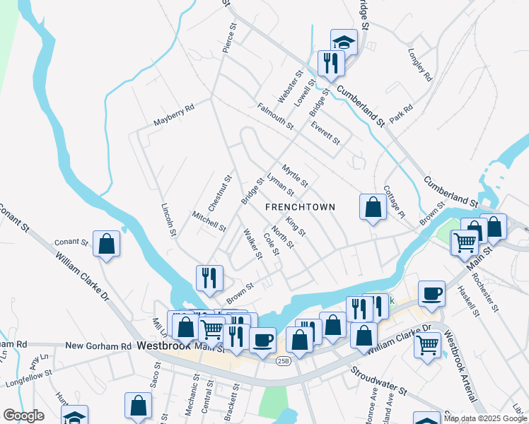 map of restaurants, bars, coffee shops, grocery stores, and more near 123 North Street in Westbrook