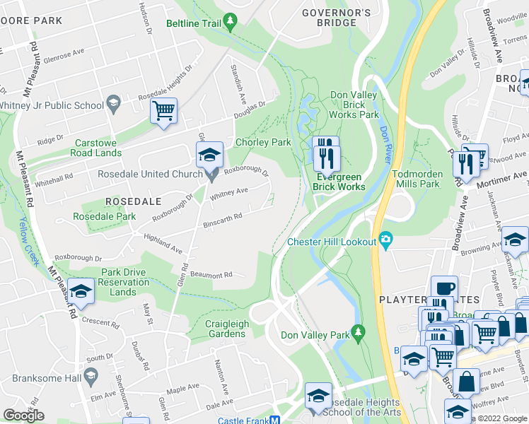 map of restaurants, bars, coffee shops, grocery stores, and more near 83 Binscarth Road in Toronto