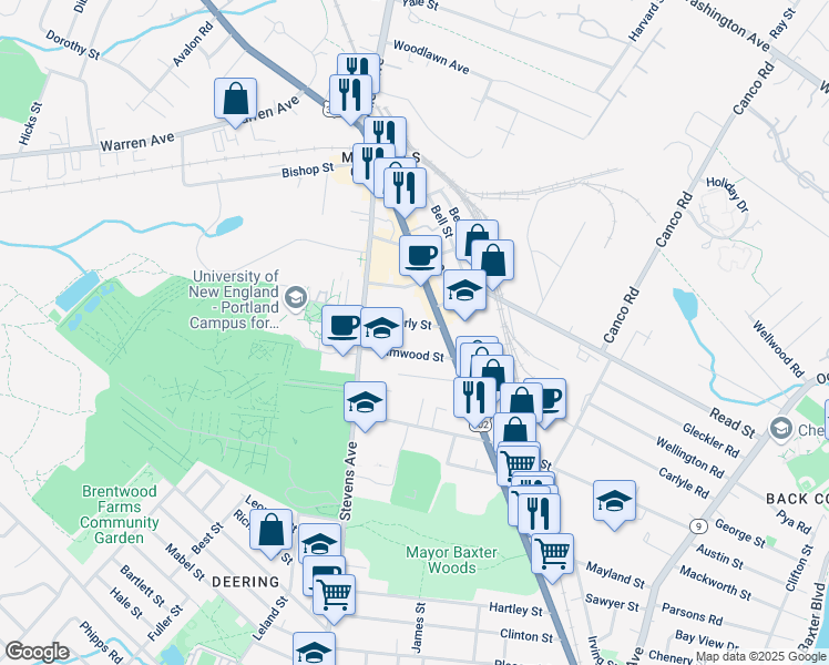 map of restaurants, bars, coffee shops, grocery stores, and more near 16 Waverly Street in Portland