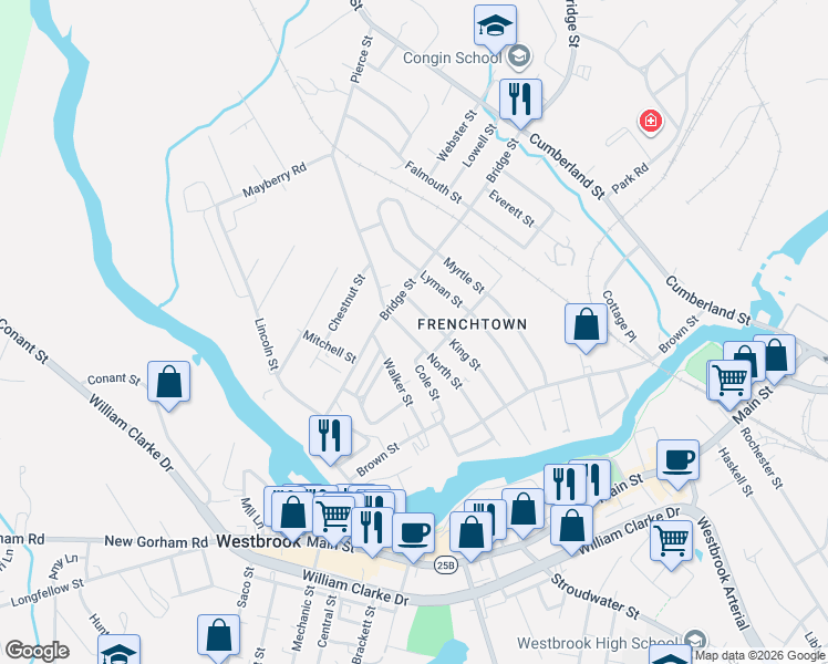 map of restaurants, bars, coffee shops, grocery stores, and more near 123 North Street in Westbrook