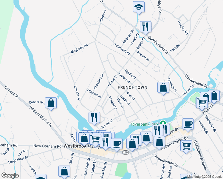map of restaurants, bars, coffee shops, grocery stores, and more near 197 Bridge Street in Westbrook
