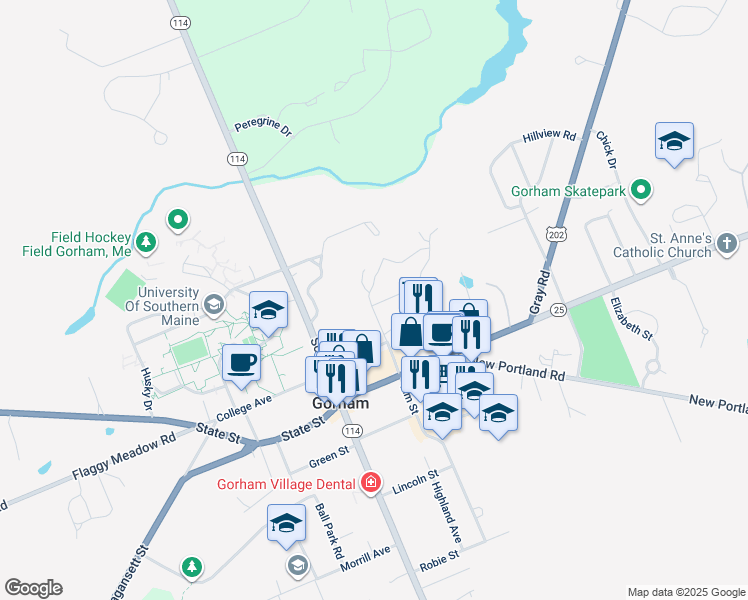map of restaurants, bars, coffee shops, grocery stores, and more near 24 Glenwood Avenue in Gorham