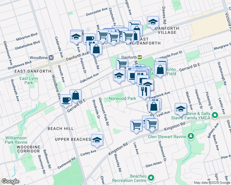 map of restaurants, bars, coffee shops, grocery stores, and more near in Toronto