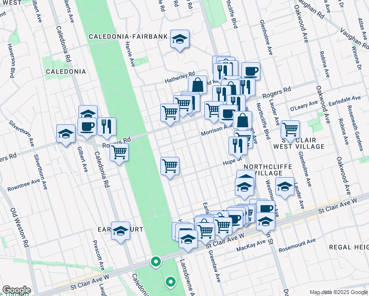 map of restaurants, bars, coffee shops, grocery stores, and more near in Toronto