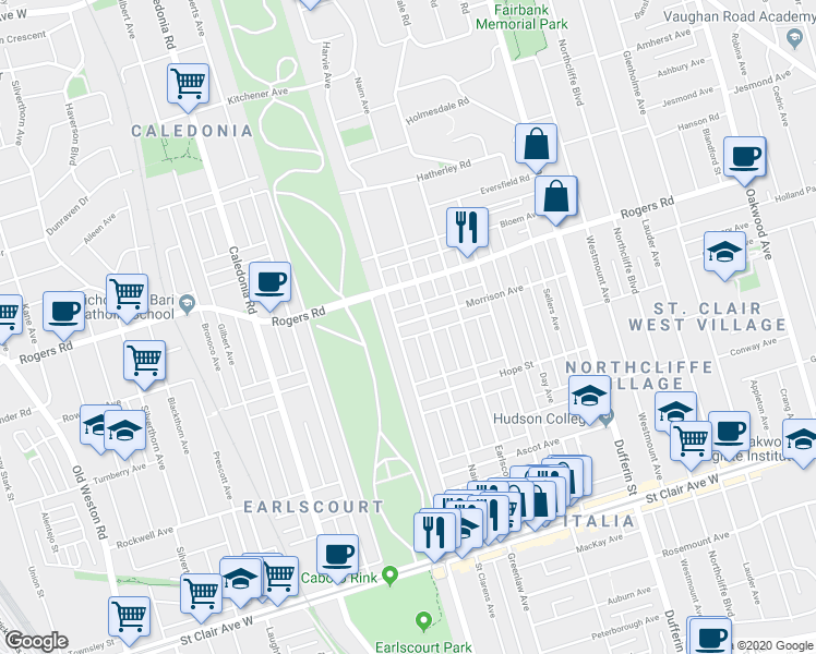 map of restaurants, bars, coffee shops, grocery stores, and more near in Toronto