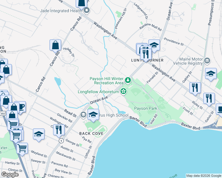 map of restaurants, bars, coffee shops, grocery stores, and more near 18 Rosedale Street in Portland