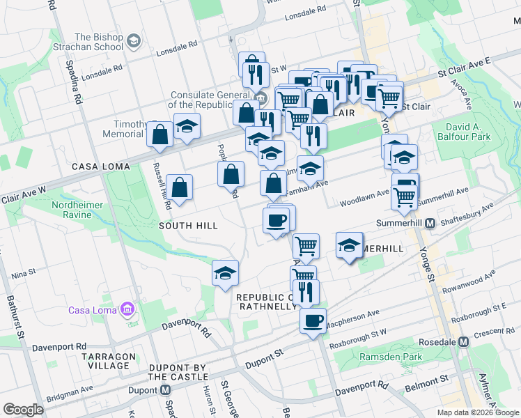 map of restaurants, bars, coffee shops, grocery stores, and more near 11 A Clarendon Avenue in Toronto