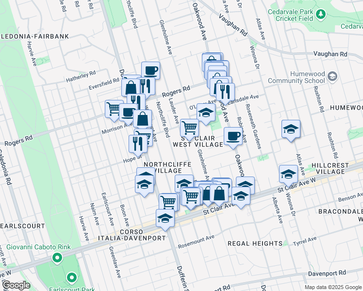 map of restaurants, bars, coffee shops, grocery stores, and more near 300 Lauder Avenue in Toronto