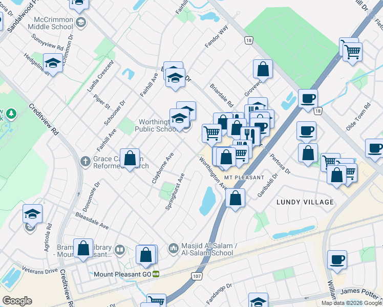 map of restaurants, bars, coffee shops, grocery stores, and more near 46 Worthington Avenue in Brampton