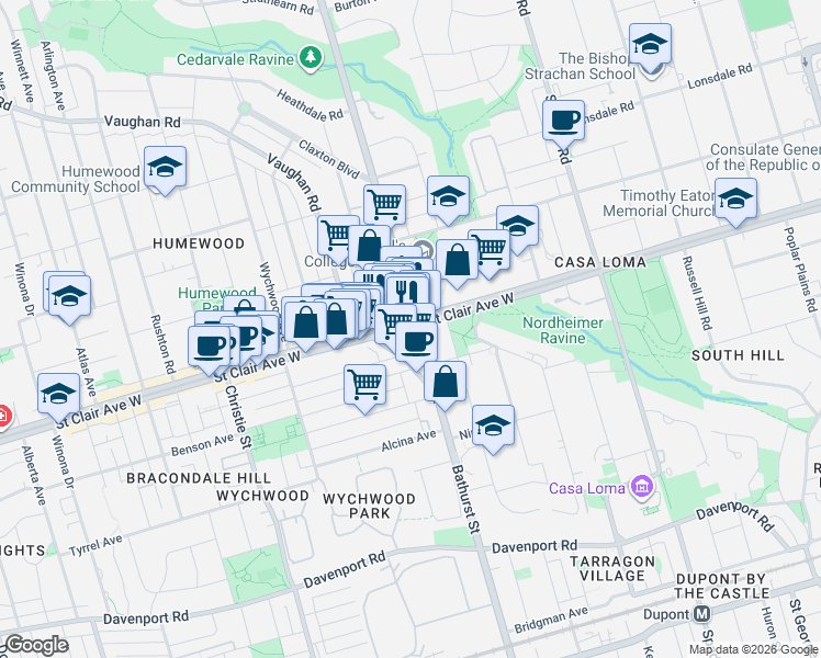 map of restaurants, bars, coffee shops, grocery stores, and more near 507 Saint Clair Avenue West in Toronto