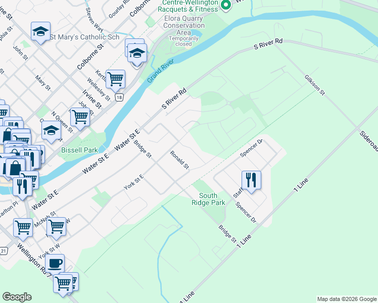 map of restaurants, bars, coffee shops, grocery stores, and more near 57 Cutting Drive in Elora