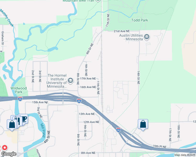 map of restaurants, bars, coffee shops, grocery stores, and more near 11th Street Northeast in Austin