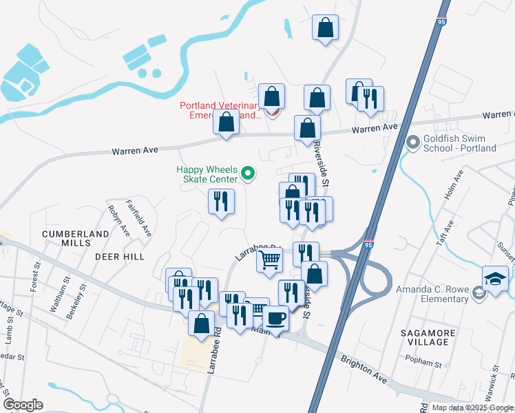 map of restaurants, bars, coffee shops, grocery stores, and more near 2 Chabot Street in Westbrook