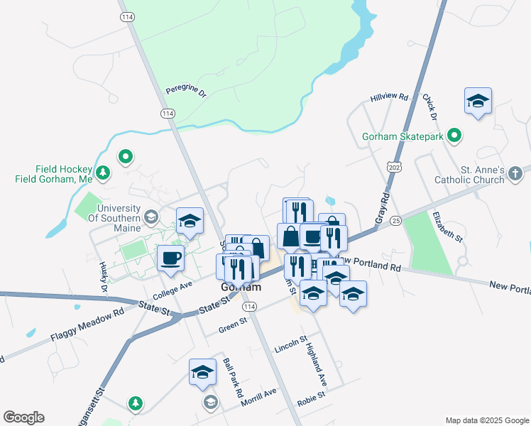 map of restaurants, bars, coffee shops, grocery stores, and more near 24 Glenwood Avenue in Gorham
