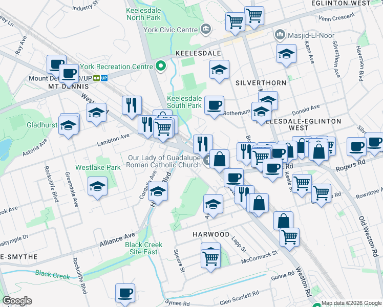 map of restaurants, bars, coffee shops, grocery stores, and more near 728 Weston Road in Toronto