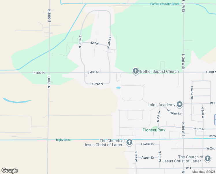 map of restaurants, bars, coffee shops, grocery stores, and more near 3844 East 392 North in Rigby