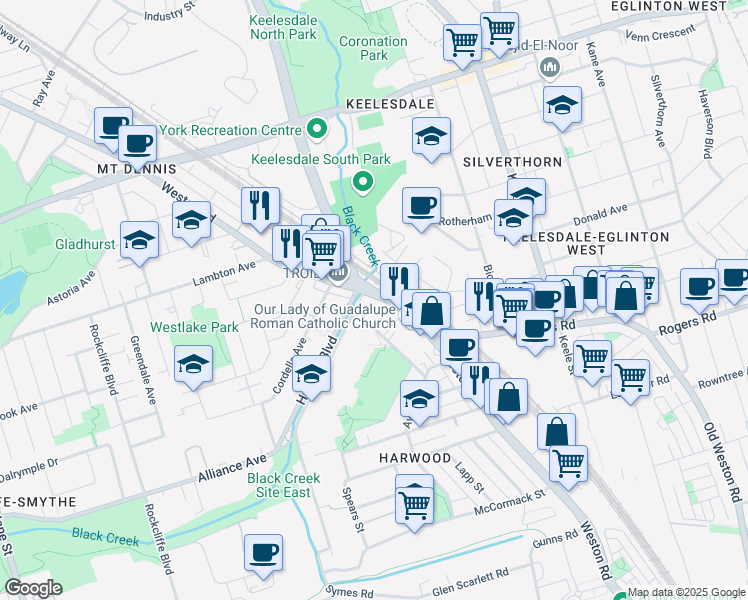map of restaurants, bars, coffee shops, grocery stores, and more near 856 Weston Road in Toronto