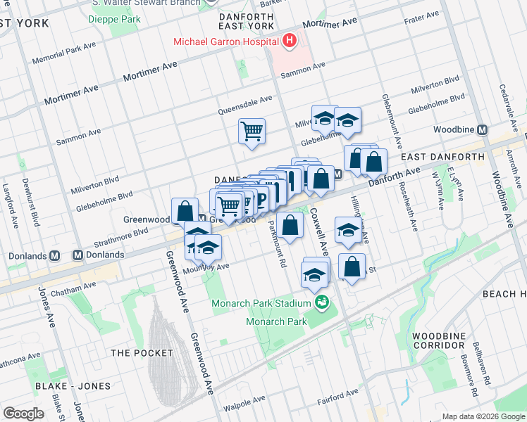 map of restaurants, bars, coffee shops, grocery stores, and more near 1448 Danforth Avenue in Toronto