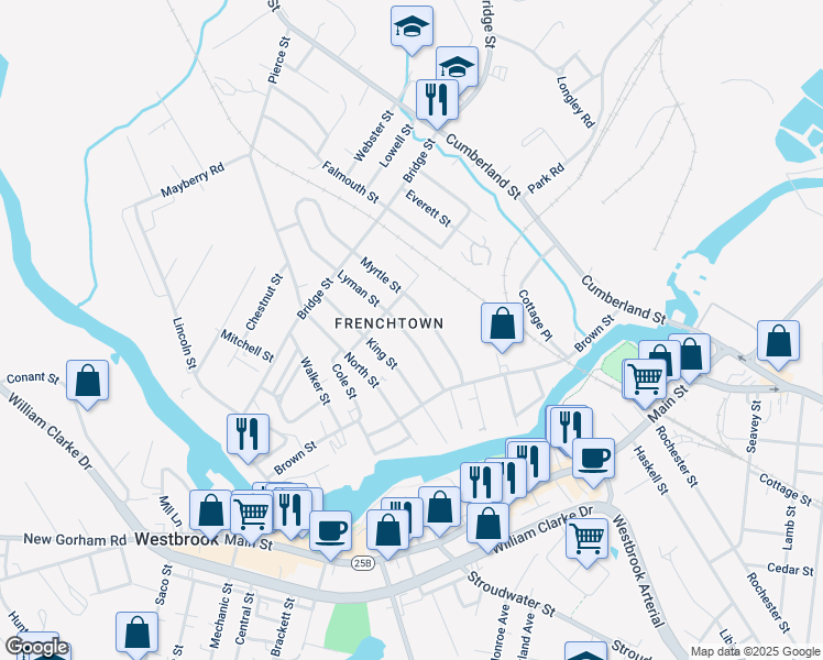 map of restaurants, bars, coffee shops, grocery stores, and more near 55 Lyman Street in Westbrook