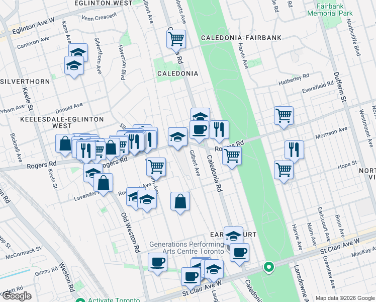 map of restaurants, bars, coffee shops, grocery stores, and more near 220 Gilbert Avenue in Toronto