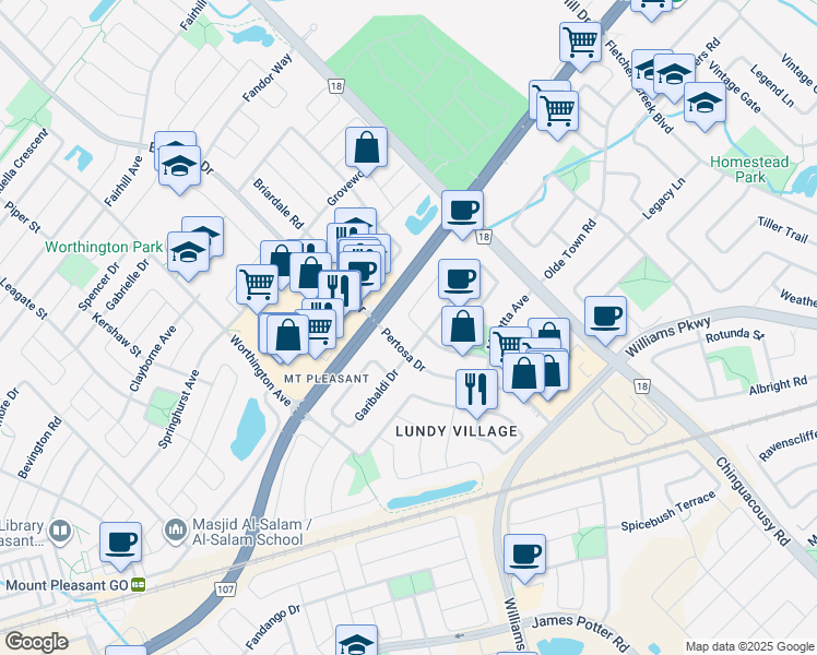 map of restaurants, bars, coffee shops, grocery stores, and more near 6 Summerdale Crescent in Brampton