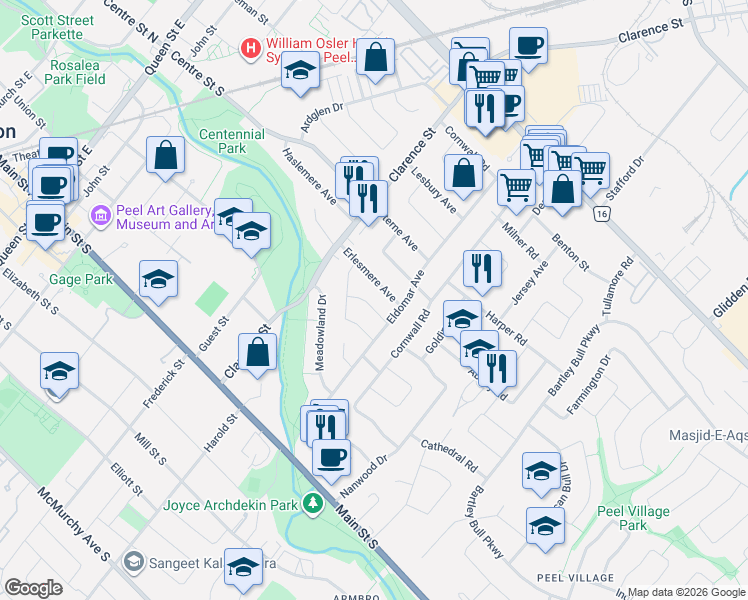 map of restaurants, bars, coffee shops, grocery stores, and more near 9 Avonmore Street in Brampton