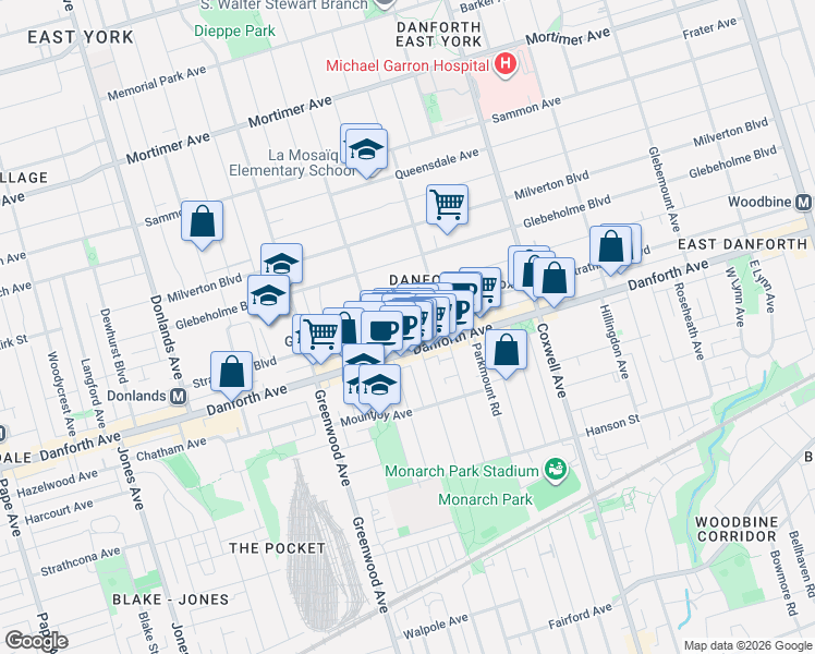 map of restaurants, bars, coffee shops, grocery stores, and more near in Toronto