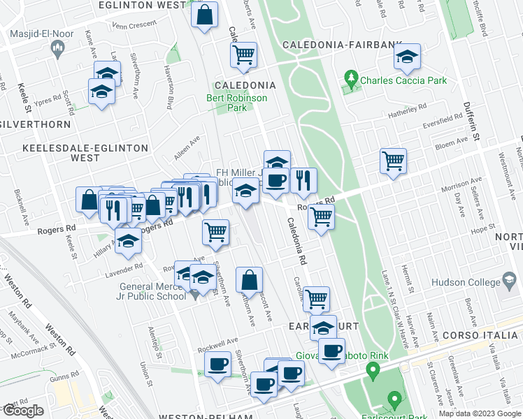 map of restaurants, bars, coffee shops, grocery stores, and more near 220 Gilbert Avenue in Toronto