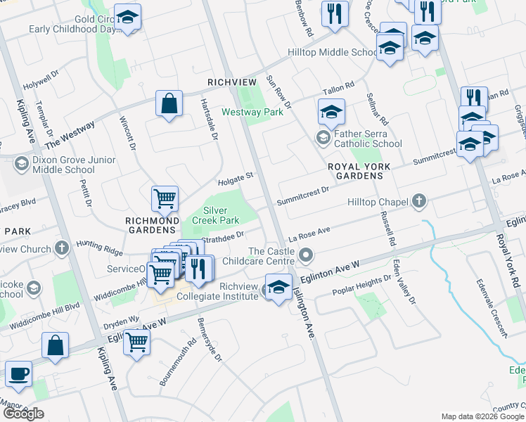 map of restaurants, bars, coffee shops, grocery stores, and more near 141 Summitcrest Drive in Toronto