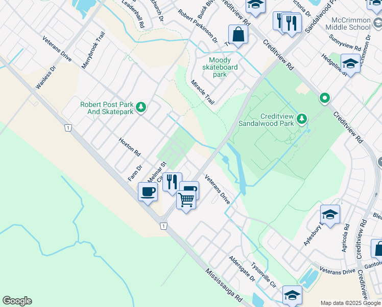 map of restaurants, bars, coffee shops, grocery stores, and more near 225 Veterans Drive in Brampton