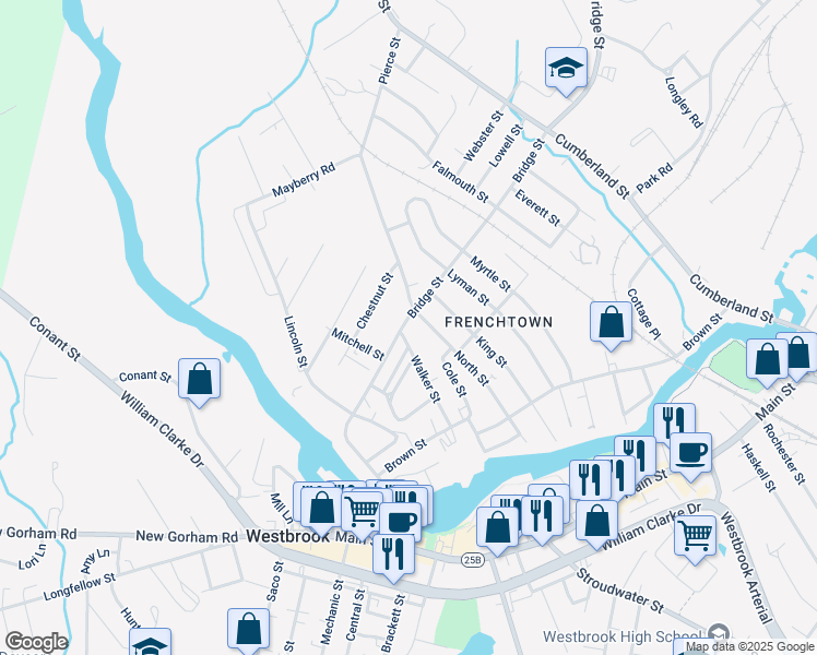 map of restaurants, bars, coffee shops, grocery stores, and more near 197 Bridge Street in Westbrook