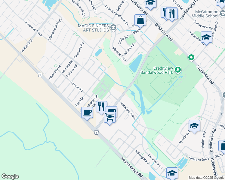 map of restaurants, bars, coffee shops, grocery stores, and more near 225 Veterans Drive in Brampton