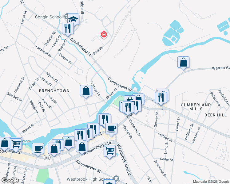 map of restaurants, bars, coffee shops, grocery stores, and more near 22 Brown Street in Westbrook
