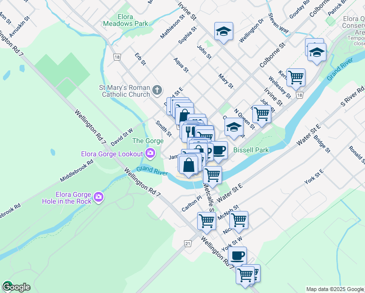 map of restaurants, bars, coffee shops, grocery stores, and more near 35 Margaret Street in Elora