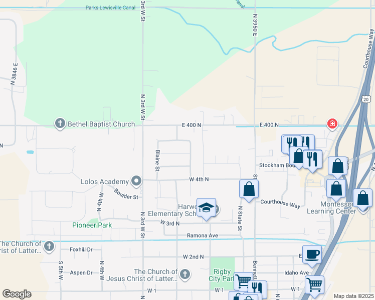 map of restaurants, bars, coffee shops, grocery stores, and more near 619 Marian Street in Rigby
