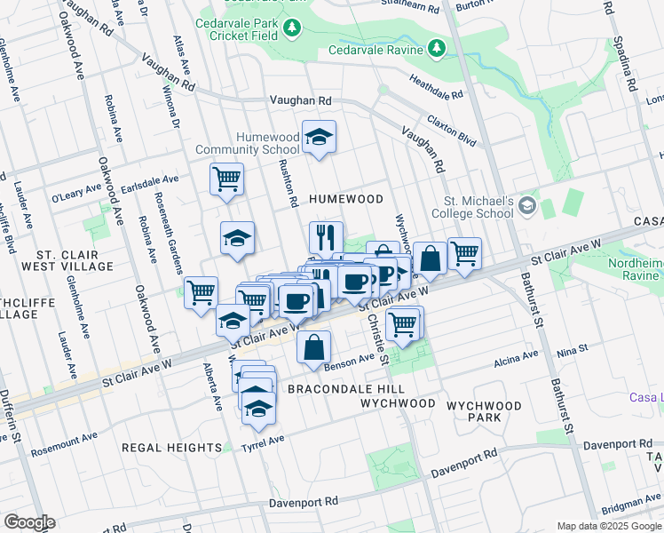 map of restaurants, bars, coffee shops, grocery stores, and more near 1 Humewood Gardens in Toronto