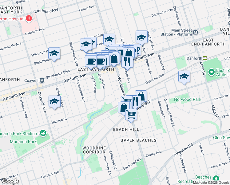 map of restaurants, bars, coffee shops, grocery stores, and more near 113 Merrill Avenue East in Toronto