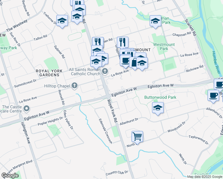 map of restaurants, bars, coffee shops, grocery stores, and more near 1403 Royal York Road in Toronto