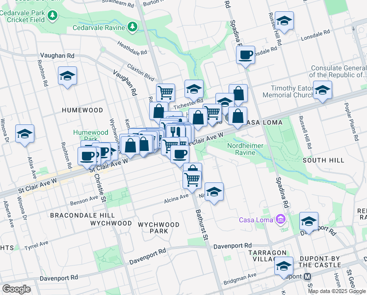 map of restaurants, bars, coffee shops, grocery stores, and more near 1440 Bathurst Street in Toronto