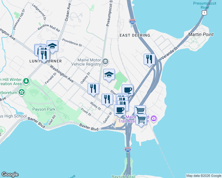 map of restaurants, bars, coffee shops, grocery stores, and more near 165 Sherwood Street in Portland