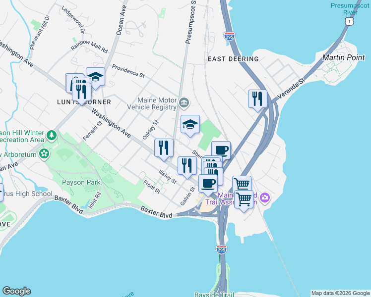 map of restaurants, bars, coffee shops, grocery stores, and more near 196 Sherwood Street in Portland